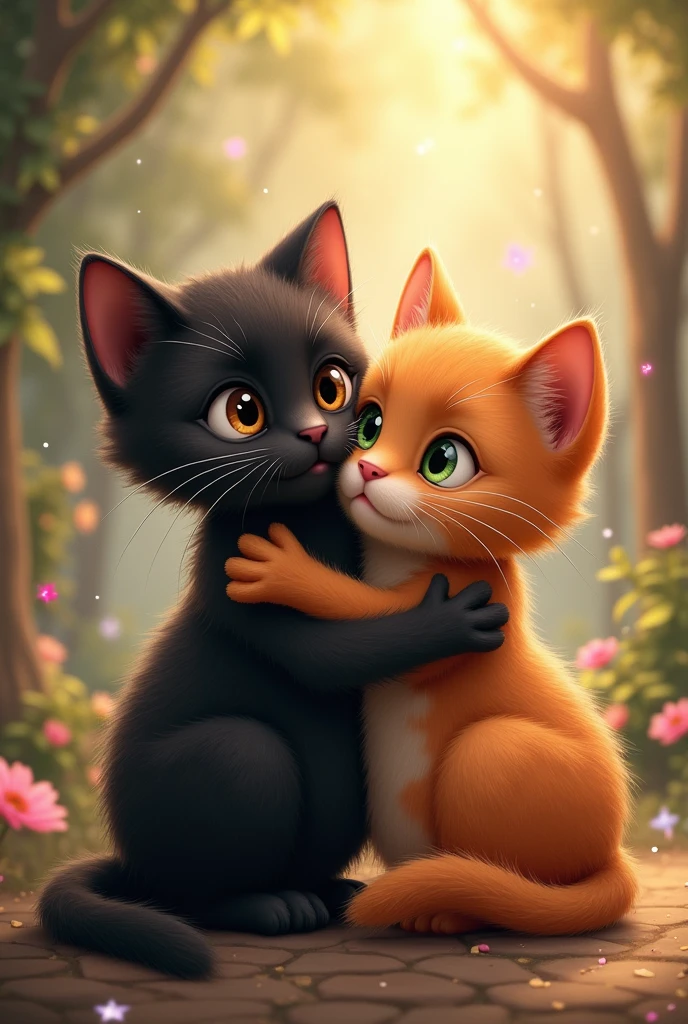 (2cats:1.3), (2animals:1.3), ((black brown eyed cat)), ((ginger green eyed cat)), (hugging:1.2), wonderful atmosphere, cute vibe, magic dust