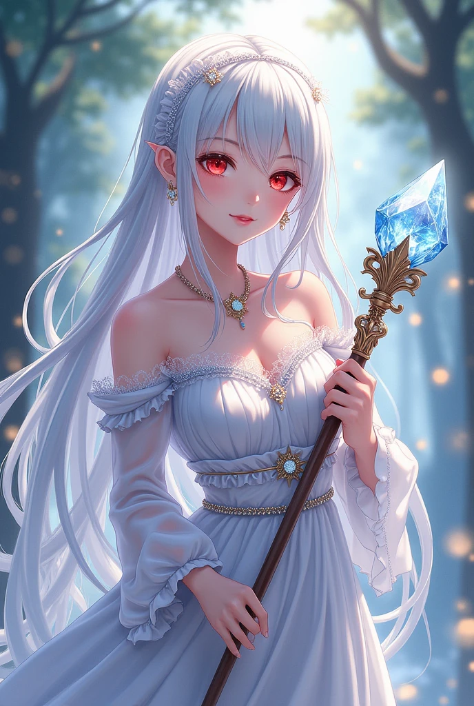 Beautiful girl. Long, gentle snow-white hair. Red eyes that seem to shine with mystery and charm. Face: Beautiful, elegant, seemingly gentle and charming. Costume: Can be light, flowing clothes, or classic designs with sparkling details. Background: Dreamy, can be mythical or natural backgrounds, to highlight the character's sophistication. Full body and anime-like design. Holding a long, delicate staff in hand, with a large crystal-shaped head. The staff has an intricate pattern design and ligh