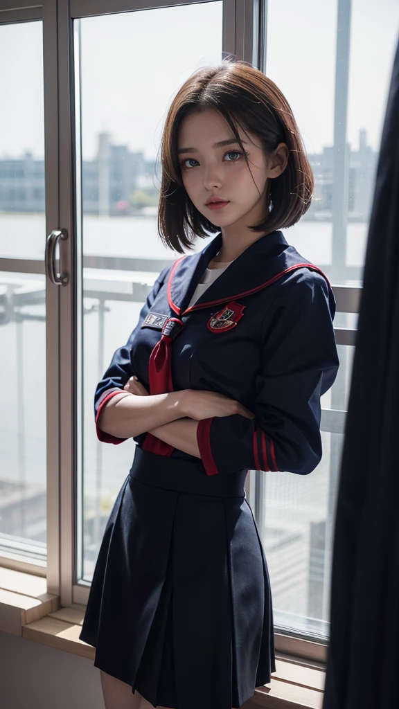 A beautiful girl with red eyes wearing a navy blue sailor uniform standing by the window in the classroom, (((red eyes:1.2)))、(Detailed eyes and face:1.2、Professional photography techniques:1.3)、Highest quality、Highest quality、Masterpiece、Ultra high definition、Reality、Red color contact lenses、Beautiful bob cut、((The pinnacle of the hierarchy))、((mini skirt:1.2))、Thin thighs、Beautiful feet、(Overlord color supremacy:1.2)