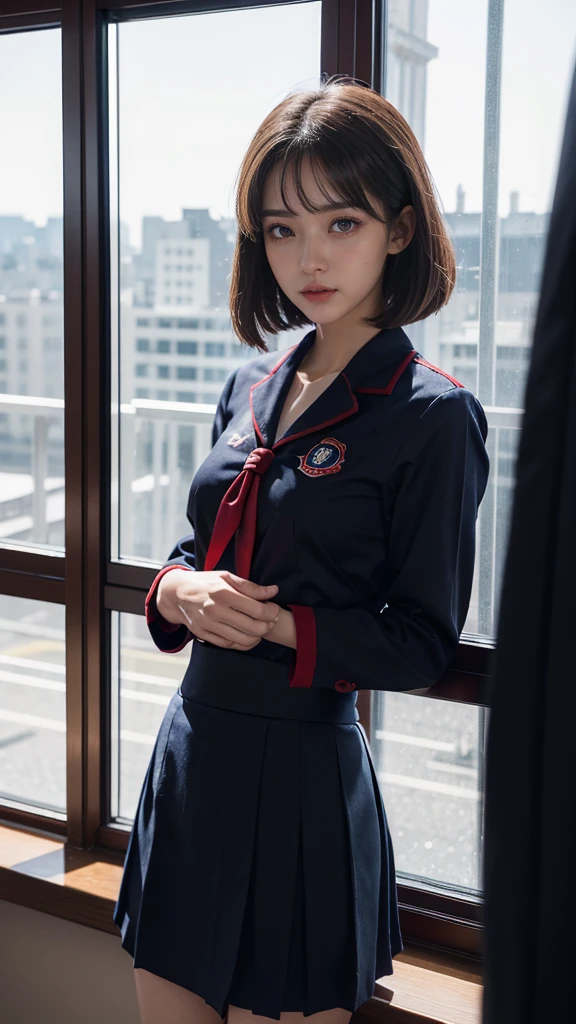 A beautiful girl with red eyes wearing a navy blue sailor uniform standing by the window in the classroom, (((red eyes:1.2)))、(Detailed eyes and face:1.2、Professional photography techniques:1.3)、Highest quality、Highest quality、Masterpiece、Ultra high definition、Reality、Red color contact lenses、Beautiful bob cut、((The pinnacle of the hierarchy))、((mini skirt:1.2))、Thin thighs、Beautiful feet、(Overlord color supremacy:1.2)