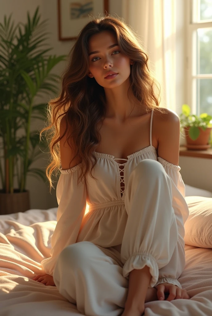 (photorealism:1.2), beautiful woman, sitting on bed, wearing loose off-shoulder top, pajama pants, long curly hair, indoors, soft lighting, plants in background, window with sunlight, cozy room, relaxed pose, realistic, intricate details, warm colors, by Greg Rutkowski, by Alphonse Mucha