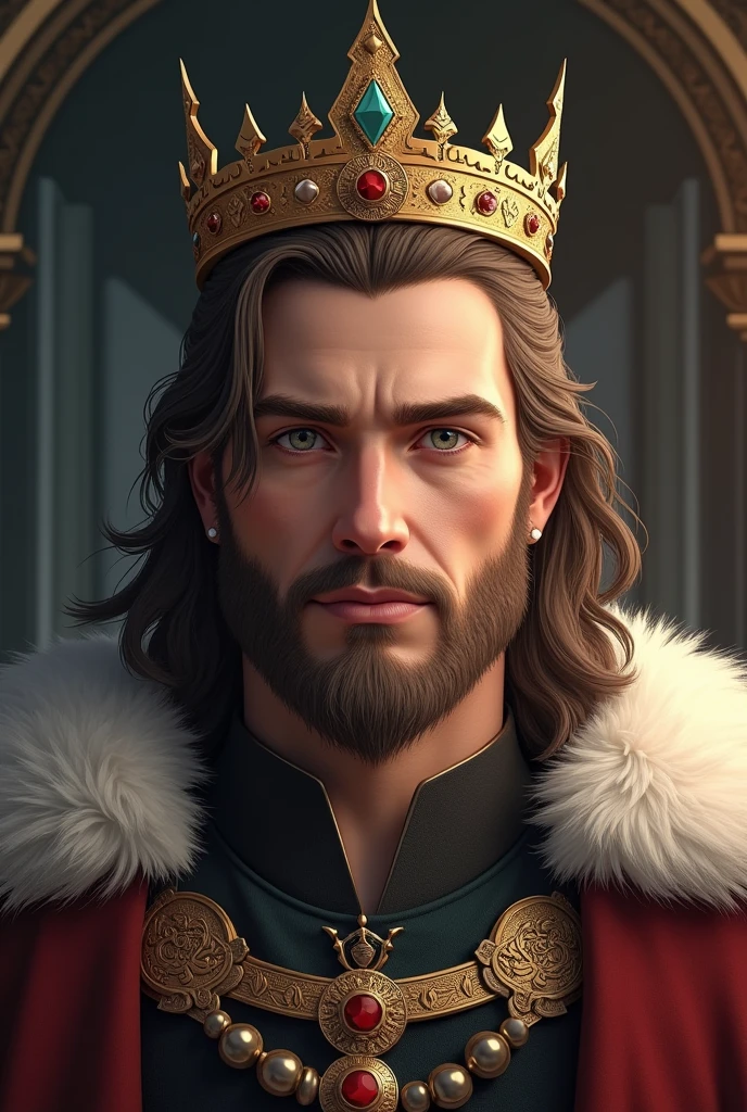 Nordic man with medium brown hair, of clear eyes, with a royal crown 
