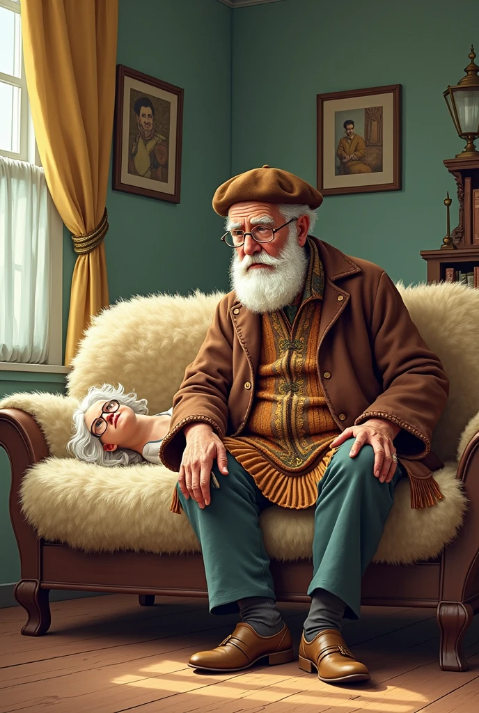 Create a funny illustration of Freud with glasses and thin in the office dressed in typical clothes from Rio Grande do Sul attending to a patient lying on.a couch on top of a sheepskin