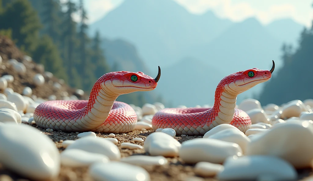 There are many white jades and pit vipers with spikes on their noses between red and white rings on the mountain.(best quality,4K,8k,High level,masterpiece:1.2),Ultra Detailed,(lifelike,Photo real,Photo real:1.37)
