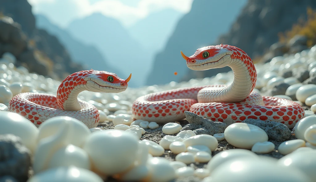 There are many white jades and pit vipers with spikes on their noses between red and white rings on the mountain.(best quality,4K,8k,High level,masterpiece:1.2),Ultra Detailed,(lifelike,Photo real,Photo real:1.37)
