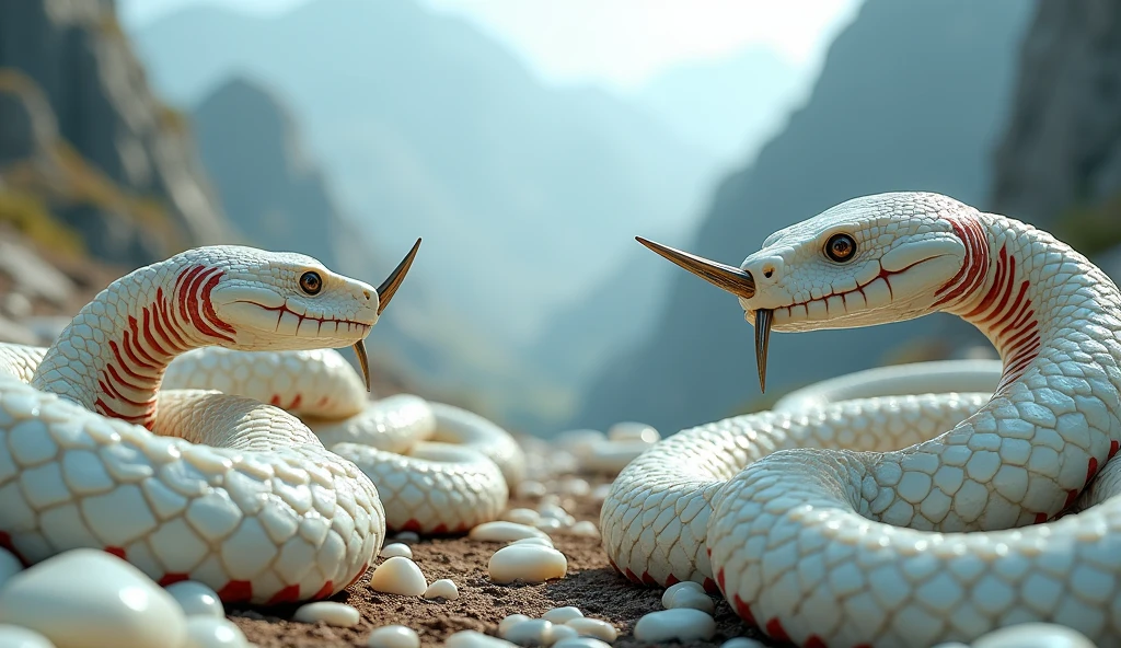 There are many white jades and pit vipers with spikes on their noses between red and white rings on the mountain.(best quality,4K,8k,High level,masterpiece:1.2),Ultra Detailed,(lifelike,Photo real,Photo real:1.37)