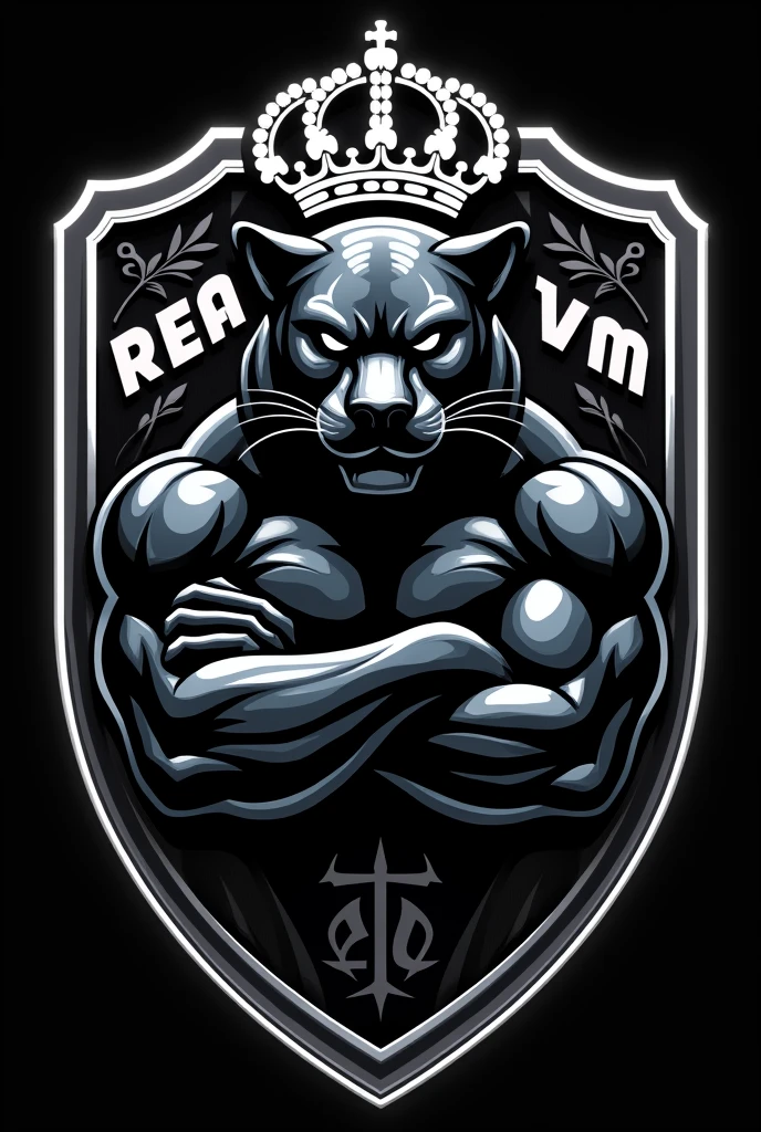 Create a team shield with the name REAL VM, inspired by Real Madrid with the crown on top, In black and white colors, the mascot could be a black panther with its arms closed, make an intimidating shield