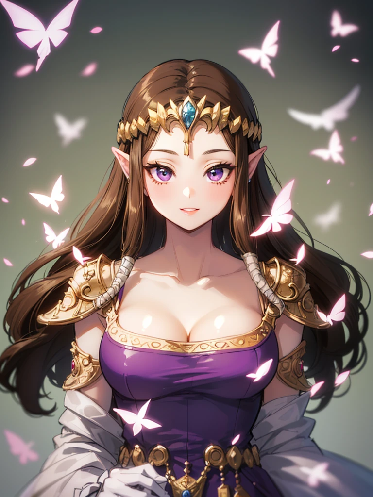 (((Face close-up))),((((Her hair is fluttering))))),(Expressionless),((((((Exposed shoulders)))))),((((Upper Body)))),((alone)),((side angle))),Anime art style,masterpiece,(Highest quality), (Super detailed),(Very delicate and beautiful),(((((Beautiful glossy lips))))),(detailedな顔と目),Beautiful eyes like jewels,(A truly gorgeous jeweled ruffled rococo ball gown dress),(((Mature Woman,Queen))),((1 Queen in a beautiful embroidery and jeweled absolutely gorgeous rococo ballgown dress with voluminous full length hoop skirt)),((crinoline)),,((Straight hair galore,Very long straight hair with plenty of volume,Super long straight hair)),,Cleavage,(bed),length_gloves,Very gorgeous hair accessories、((((front)))),((((Adult Expressions)))),((((Beautiful Face)))),((((dress)))),((Overhead Shot)),(((Long Hair)))),((((Straight hair)))),((Cleavage)),((((Dark brown hair)))),Princess Zelda,((chest is slightly exposed)), ((Highest quality)),,(Very detailed) ,((Purple Blouse)),((())),Brown Hair,(()),, ((Highest quality)), (Very detailed),((detailed)),(((smile))),Nintendo, The Legend of Zelda),,((alone)), ((Highest quality)), (Very detailed), ,
