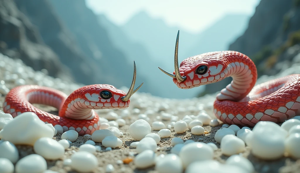 There are many white jades and pit vipers with spikes on their noses between red and white rings on the mountain.(best quality,4K,8k,High level,masterpiece:1.2),Ultra Detailed,(lifelike,Photo real,Photo real:1.37)