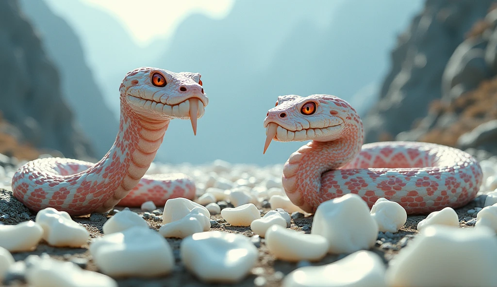 There are many white jades and pit vipers with spikes on their noses between red and white rings on the mountain.（best quality，4K，8k，High level，masterpiece：1.2），Ultra Detailed，（lifelike，Photo real，Photo real：1.37）