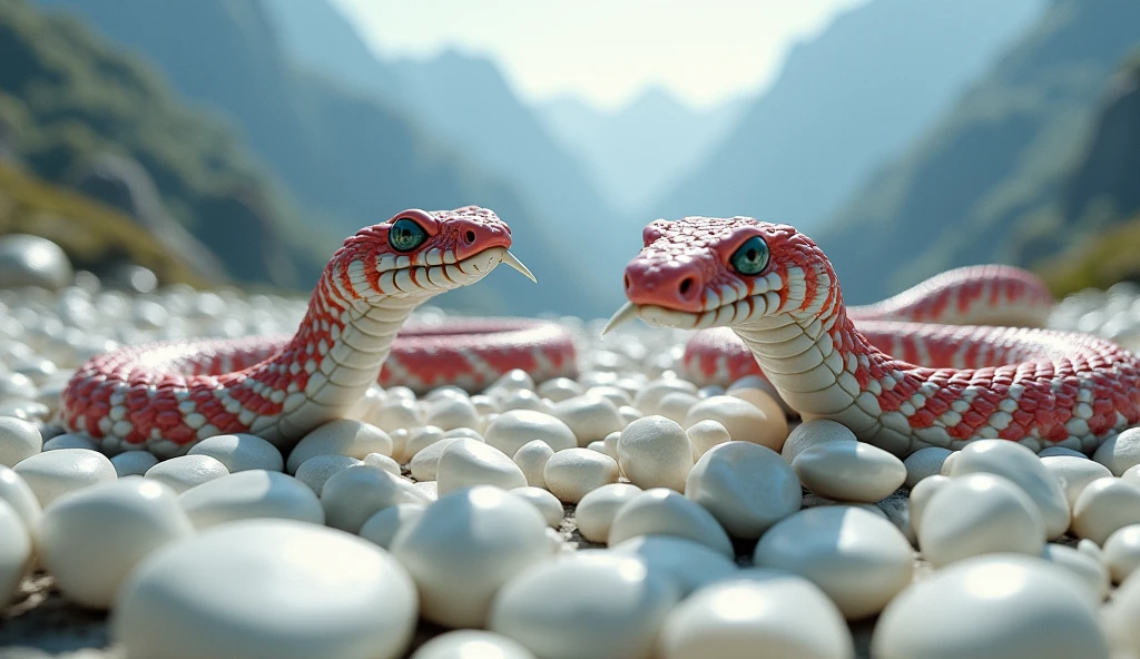 There are many white jades and pit vipers with spikes on their noses between red and white rings on the mountain.(best quality,4K,8k,High level,masterpiece:1.2),Ultra Detailed,(lifelike,Photo real,Photo real:1.37)
