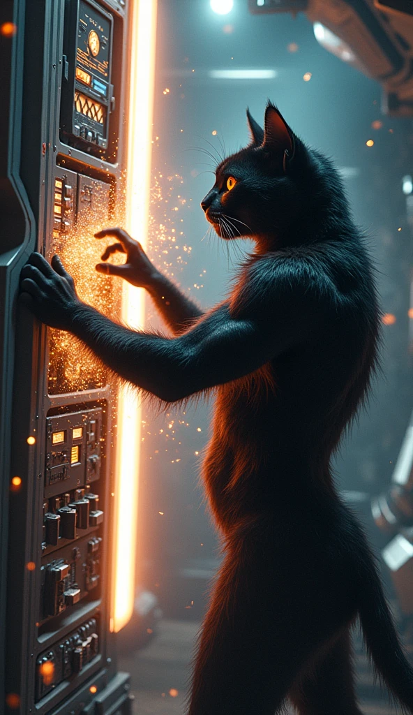 Beam Falters: Sparks fly from the control panel as Black Luna the muscular cat disrupts the spaceship’s systems, the beam of light wavers and begins to weaken.