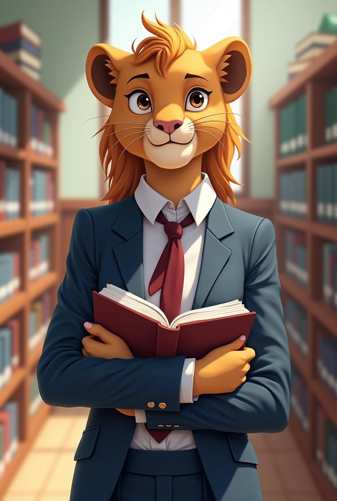 Female lioness, school, in his hand books with a smile without muscles, with a white shirt suit and a blue suit, with little hair with a small wine-colored scarf around her neck 