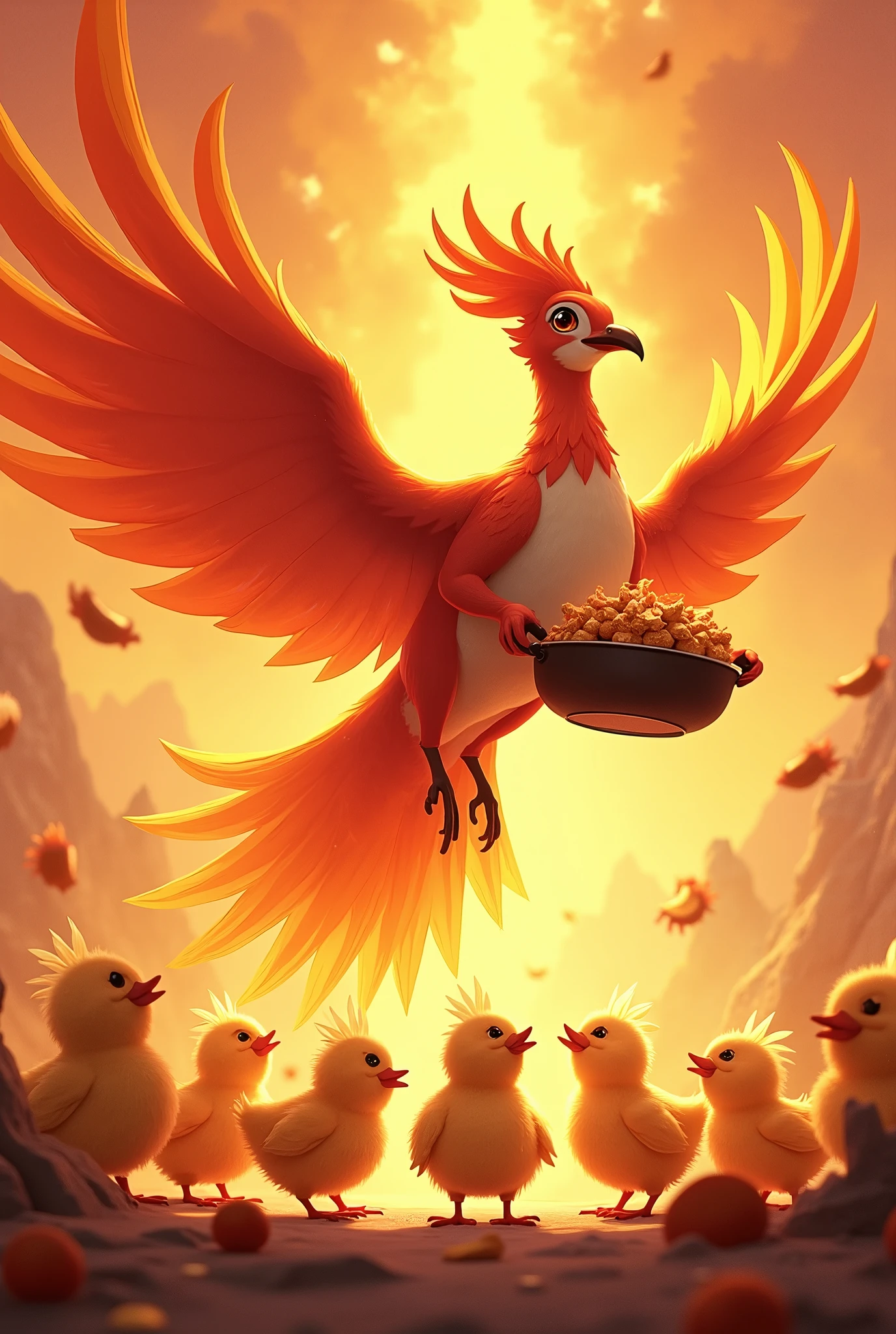 Fawna and her Phoenix Chicks
The sky above the Phoenix Realm glows a brilliant orange as Fawna, the majestic phoenix matriarch, soars gracefully with her large wok filled with delectable treats. Her chicks scurry excitedly below, their fluffy feathers ruffling with anticipation.
Fawna and her Phoenix Chicks: Gather 'round, my little ones, for your mother has returned! Who's ready for a taste of the finest morsels this realm has to offer?
The baby phoenix chicks chirp and hop with excitement, their eyes wide with delight as Fawna lands before them, the aroma of the treats wafting through the air.
Fawna and her Phoenix Chicks: Ah, but first, let's have a little fun, shall we? Who among you can solve my riddle and prove yourself worthy of the first bite?