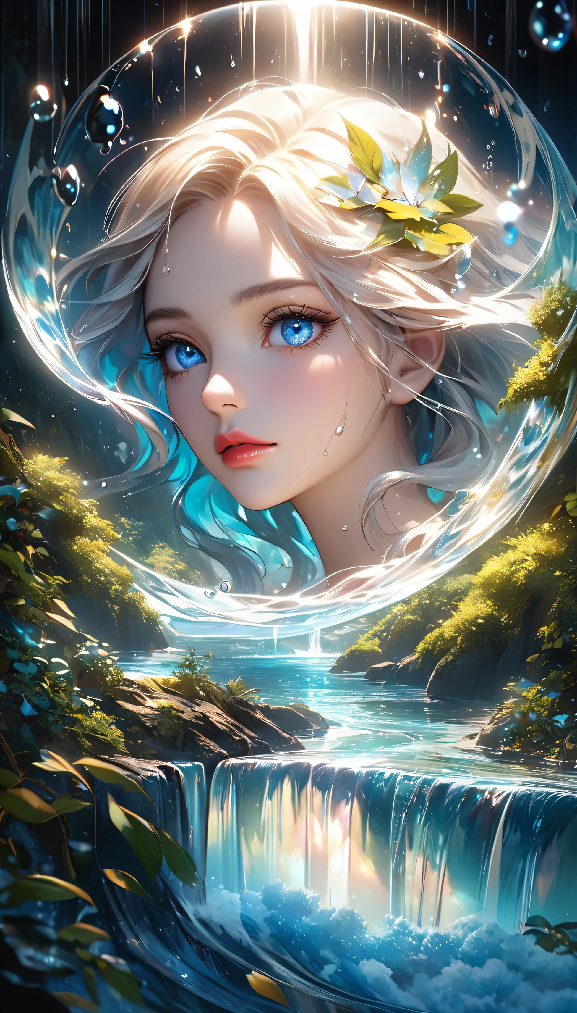 waterfall scenery, bright canvas, The waves are swirling, Transparent holographic reflection, Surreal landscape created by water droplets, Leaves viewers speechless,
A beautiful world, 1 british woman, detailed eyes, detailed lips, very detailed face, long eyelashes, Beautiful and detailed portraits, elegant, tranquil expression, summer, high quality, 8k,
realistic, surrealist, studio lighting, Physically Based Rendering, vivid colors, movie lights, dramatic lighting, soft lighting,
dramatic contrast, clear, ethereal, dreamlike, mysterious, magical, fancy, concept art