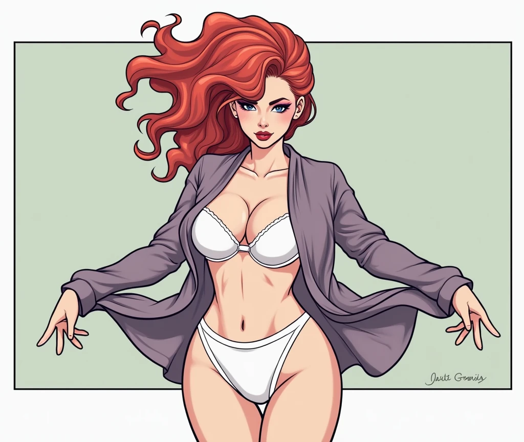 (masterpiece, best quality)), ((((perfect anatomy)))), Curvy Latina with long red hair, dark eyeshadow, dark red lipstick, white bra, (((white cotton panties))), purple robes, (((realistic art style)))