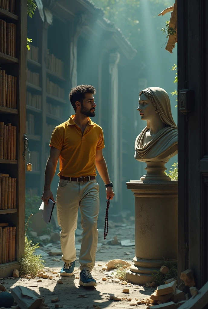 In the darkness of a destroyed Italian library, young Professor Petterson moves carefully among the rubble. Her short curly hair, in military style, and the well-trimmed goatee highlights his face, where slight dark circles suggest nights of little or no sleep. He wears his classic yellow polo shirt, White pants, brown belt, And blue sneakers, composing an image of someone who combines intelligence with style.
With a notepad in his left hand and a magnifying glass in his right, he carefully examines the environment, as a dark rosary slips through your fingers, reflecting the dim light that penetrates through the broken windows. The floor is covered in torn pages and overturned shelves., creating a chaotic scenario that contrasts with Petterson's meticulous calm.
He stops in front of the bust of Saint Teresa of Ávila, still intact amidst the destruction. The furrowed eyebrows indicate his concentration as he examines the bust with the magnifying glass., looking for any evidence of the crime that occurred there. The secret book that was hidden inside the bust was stolen, and Petterson is determined to find out who did it and why. The silent and dark environment intensifies the mystery, as Petterson continues his investigation with determination.