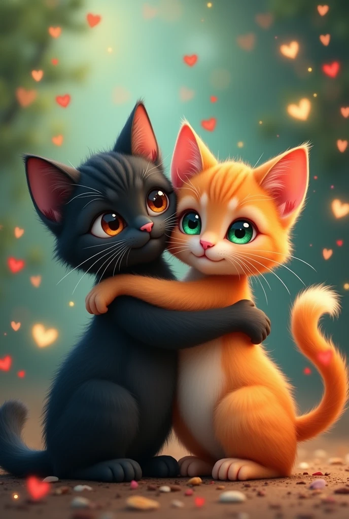 (2cats:1.3), (2animals:1.3), ((black brown eyed cat)), ((ginger green eyed cat)), (hugging:1.2), wonderful atmosphere, cute vibe, magic dust, hearts floating