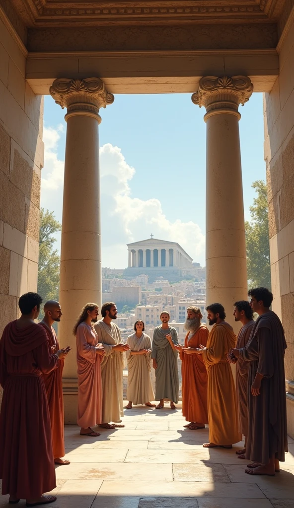 (photorealism:1.2), An illustration of Plato's Academy in Athens, where ancient scholars are gathered under a colonnade, discussing ideas and theories. The environment is peaceful, with a view of the city’s ancient landmarks, capturing the essence of early Western education