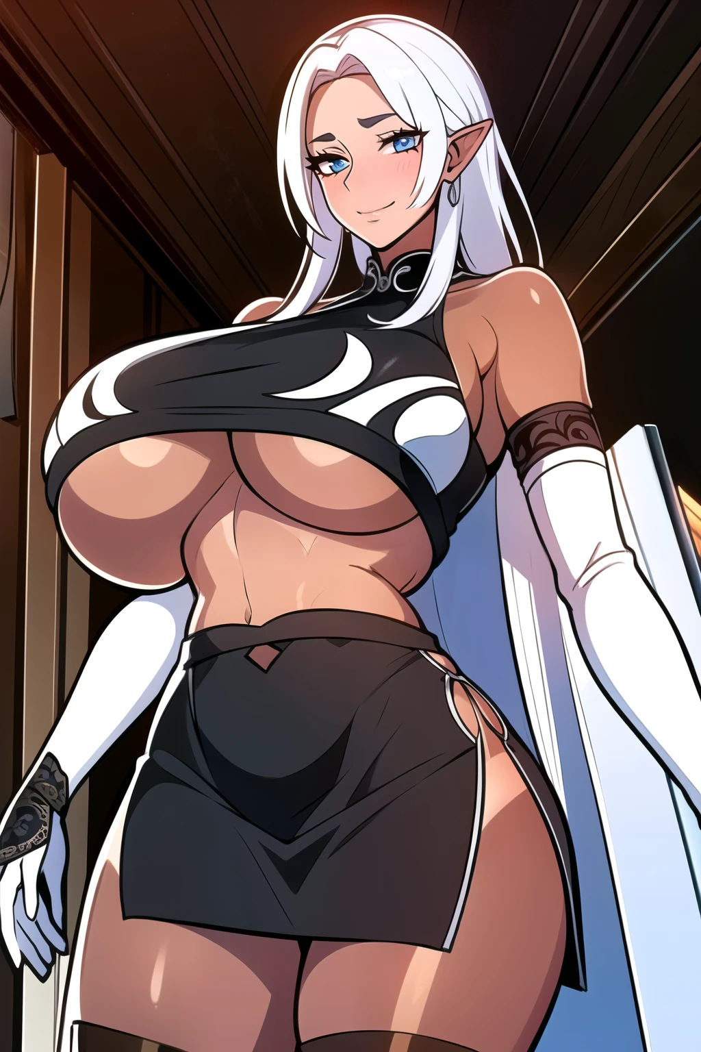 ultra realistic 8k cg, masterpiece, (( intricate detail, highly detailed, fine details best quality, hyperdetailed face)), gigantic breasts ,beautiful lighting, absurdres, BoaHancockV2,  1girl, solo, (white hair : 1.4), long hair, jewelry, closed mouth, ), (chinese dress, (underboob : 1.4), elbow gloves, thigh boots, split skirt, bare shoulders, curvy, midriff, curvy, thighs, shiny clothes), blue eyes, (complex detailed background, indoor, luxury palace), ((cowboy shot)), curvy, (gigantic breasts: 1.1), seductive smile, cowboy shot,, (( tan skin: 1.1)), (( tan face: 1.1)), elf ears