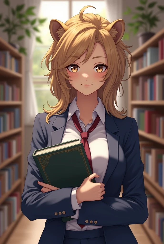 Female lioness, school, in his hand books with a smile without muscles, with a white shirt suit and a blue suit, with little hair with a small wine-colored scarf around her neck