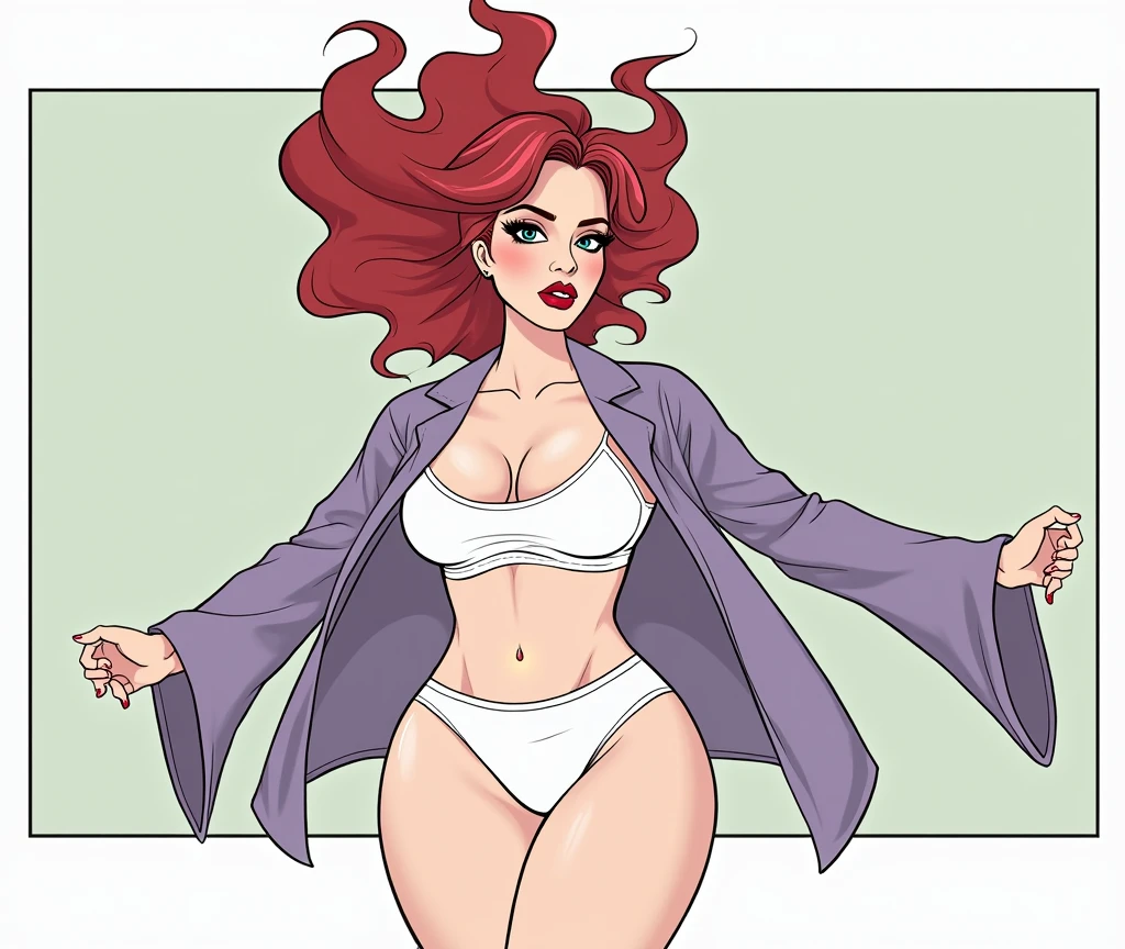 (masterpiece, best quality)), ((((perfect anatomy)))), Curvy Latina with long red hair, dark eyeshadow, dark red lipstick, white bra, (((white cotton panties))), purple robes, (((photo realistic)))