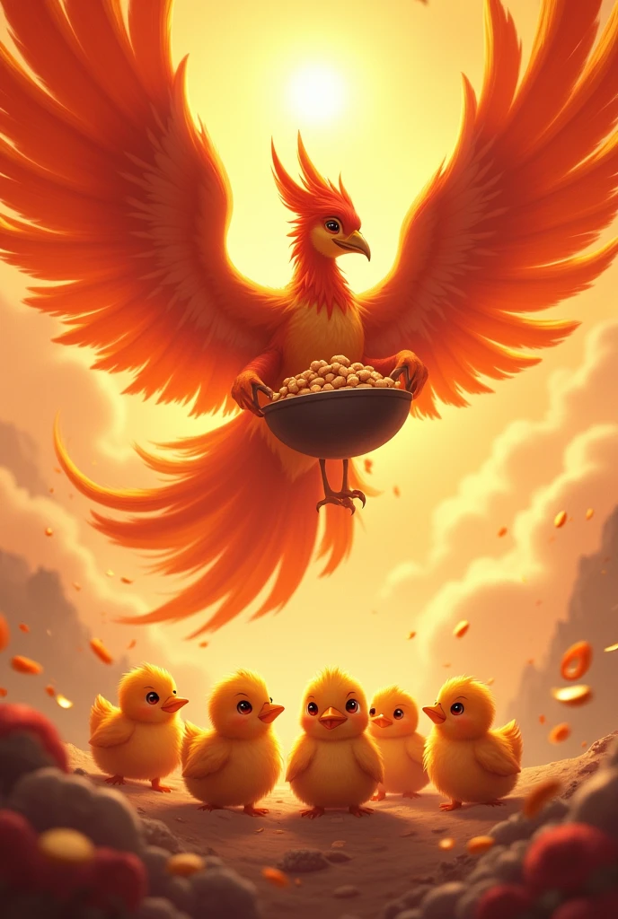 Fawna and her Phoenix Chicks
The sky above the Phoenix Realm glows a brilliant orange as Fawna, the majestic phoenix matriarch, soars gracefully with her large wok filled with delectable treats. Her chicks scurry excitedly below, their fluffy feathers ruffling with anticipation.
Fawna and her Phoenix Chicks: Gather 'round, my little ones, for your mother has returned! Who's ready for a taste of the finest morsels this realm has to offer?
The baby phoenix chicks chirp and hop with excitement, their eyes wide with delight as Fawna lands before them, the aroma of the treats wafting through the air.
Fawna and her Phoenix Chicks: Ah, but first, let's have a little fun, shall we? Who among you can solve my riddle and prove yourself worthy of the first bite?