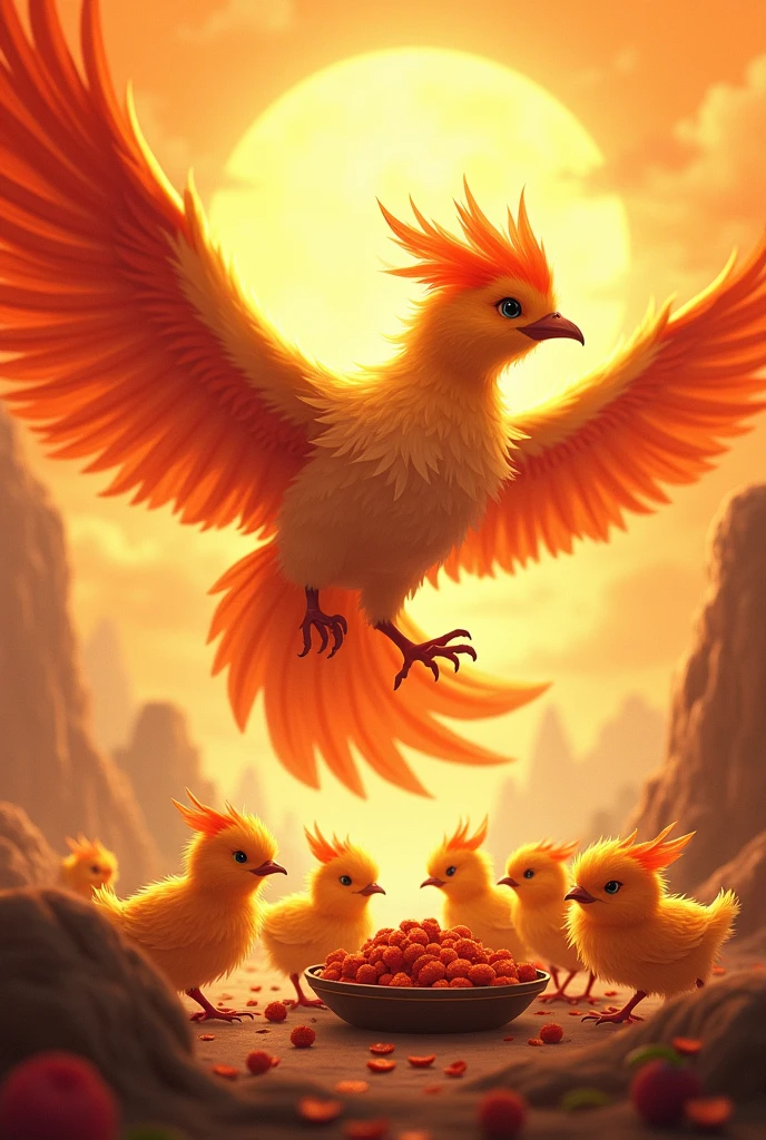 Fawna and her Phoenix Chicks
The sky above the Phoenix Realm glows a brilliant orange as Fawna, the majestic phoenix matriarch, soars gracefully with her large wok filled with delectable treats. Her chicks scurry excitedly below, their fluffy feathers ruffling with anticipation.
Fawna and her Phoenix Chicks: Gather 'round, my little ones, for your mother has returned! Who's ready for a taste of the finest morsels this realm has to offer?
The baby phoenix chicks chirp and hop with excitement, their eyes wide with delight as Fawna lands before them, the aroma of the treats wafting through the air.
Fawna and her Phoenix Chicks: Ah, but first, let's have a little fun, shall we? Who among you can solve my riddle and prove yourself worthy of the first bite?
