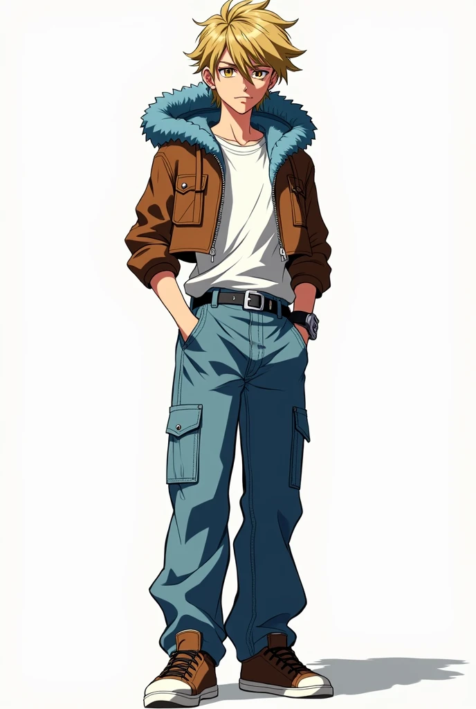 Death Note Style, adolescent, elegant, attractive, by rubio, eyes the color of honey, short and messy hair, Cropped brown leather jacket with blue fur lining on the hood, white t-shirt tucked into pants, baggy jeans, black and silver belt, knives with sheaths hanging from his belt, Brown sneakers, yellow energy coming out of one of his hands, anime, 4k, imposing, Magnificent, bright, full body image, Unrealistic, White background