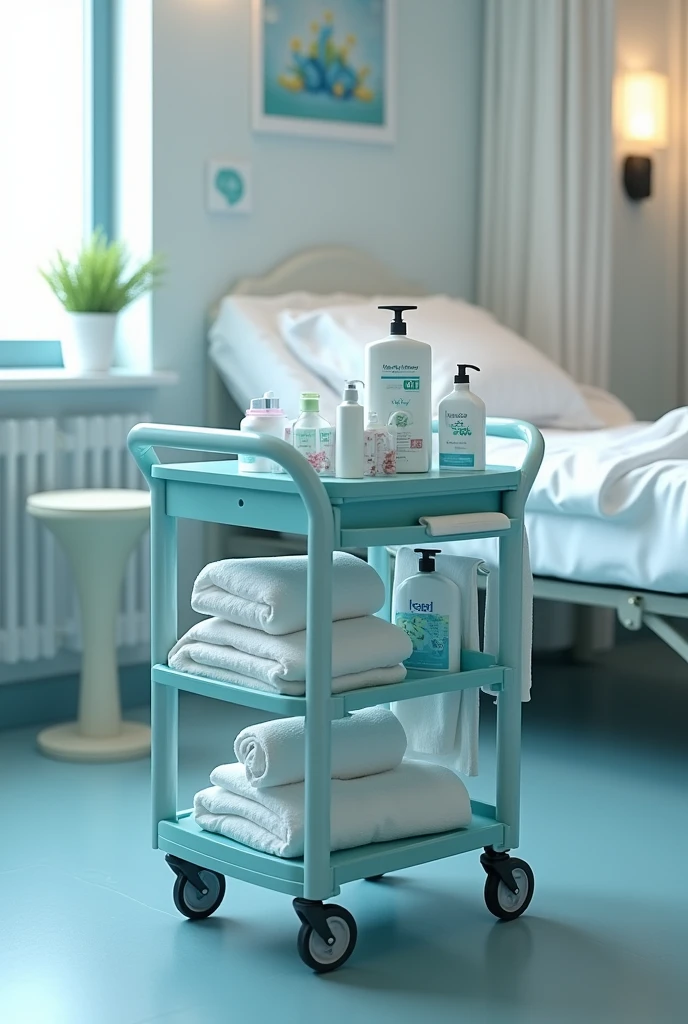 photo d'un chariot d'hopital avec le matériel nécessaire pour la toilette des patient (Gants jetables Savon doux adapté aux peaux sensibles Serviettes et gants de toilette Bassine pour la toilette partielle au lit si nécessaire Crèmes hydratantes et lotions (si besoin) Linge propre Barrières de lit (si la toilette est faite au lit) dans une chambre d'hopital (rajoute des marques fictive sur les produits