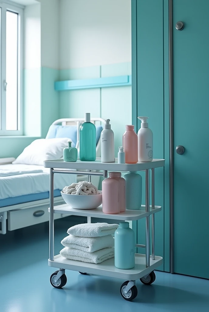 photo d'un chariot d'hopital avec le matériel nécessaire pour la toilette des patient (Gants jetables Savon doux adapté aux peaux sensibles Serviettes et gants de toilette Bassine pour la toilette partielle au lit si nécessaire Crèmes hydratantes et lotions (si besoin) Linge propre Barrières de lit (si la toilette est faite au lit) dans une chambre d'hopital (rajoute des marques fictive sur les produits