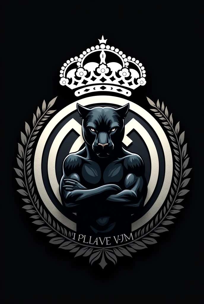 Create a team shield with the name REAL VM, inspired by Real Madrid with the crown on top, In black and white colors, the mascot could be a black panther with its arms closed, make an intimidating shield, make a round shield
