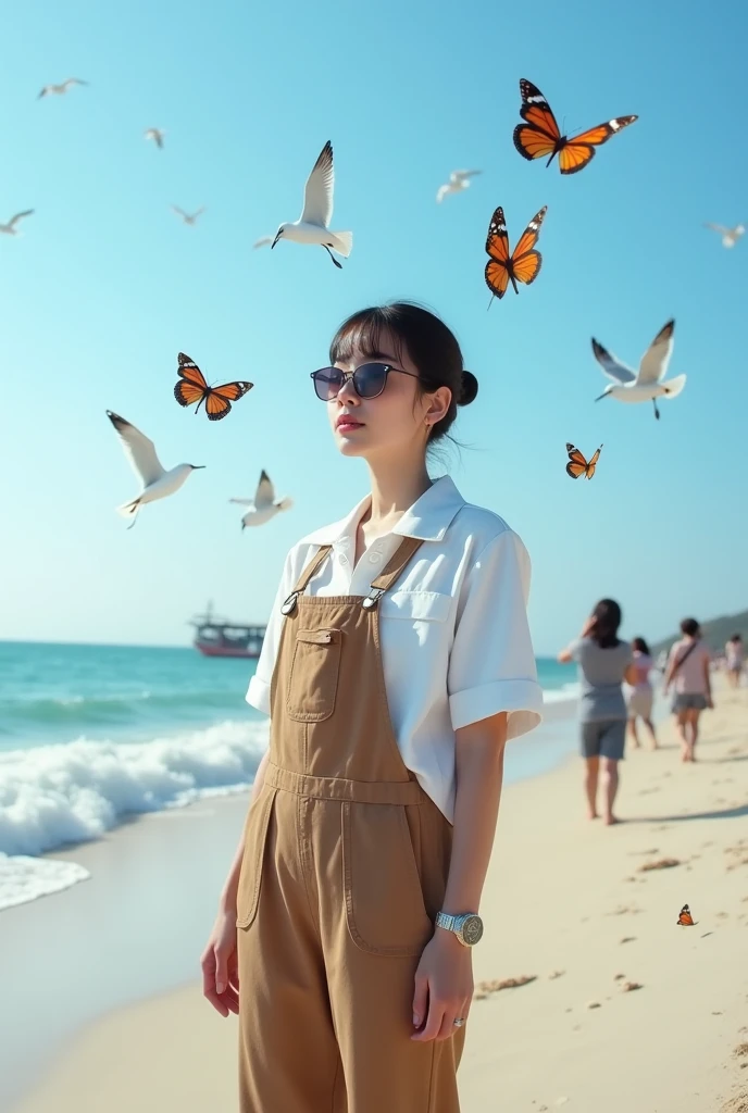 Beautiful Indonesian woman , smooth white skin, well-groomed face,Korean style bun hair with bangs, White shirt ( Santi logo patterned shirt, wearing (brown jumpsuit pants) ,wear sunglasses,Cool watch, 
white shoes, berfose standing by the beach,surrounded by butterflies, under the bright blue sky, facing the blue sea, seagulls flying in large numbers,there seems to be a fishing boat, people are taking pictures on the beach.. Ocean waves hit the beach.. The view of the beach is amazing.beautiful and blue.. Realistic original photo 