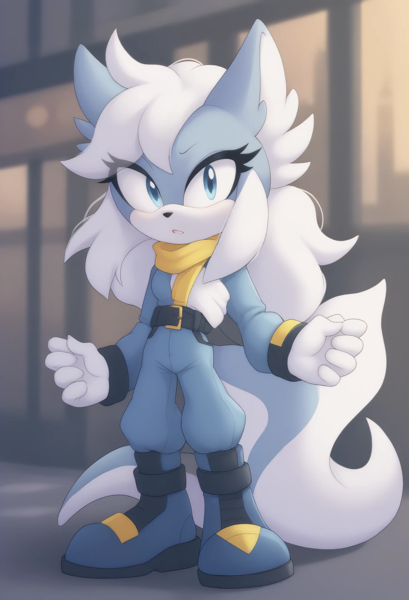 (1girl), (solo), (Female Dragon), (midnight blue colored fur), hair bangs, (light blue jumpsuit), ((short jumpsuit)), short silver open zipper at chest, slight cleavage, black belt with yellow buckle at waist, long sleeves, white and light blue boots, white gloves, dragon tail, fin-like tail tip, eyelashes, daytime, mobian, mobius city, city background, windy
