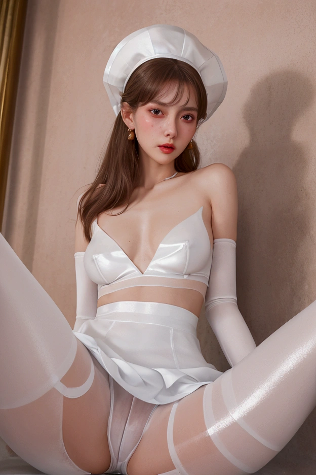 ((Goddess white dress)), ((skirt)), ((pantyhose)), ((shiny outfit)),, skindentation, skinny, solo, 1 woman, Masterpiece, highest quality, highest quality, 16K, incredibly absurd, highly detailed, 2.5D,, delicate and dynamic, very delicate facial expressions, delicate eye depiction, erotic, only sexy woman, ((A cute and kind face)), healthy figure, ((2 woman)), 160cm tall, medium firm swaying bust,, blush, Sweat,Embarrassed,sexy, ((thin thighs)), (camel toe:0.7), (visible nipples:0.3), (Erect nipples,:0.7), shiny and lustrous, facing straight at viewer, (((in heat))), ((Oily_skin)), ((dutch angle)), ((erotic pose)),