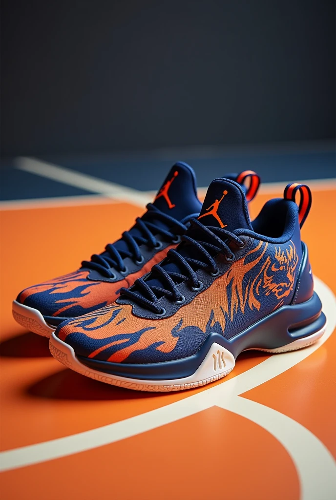 Basketball shoes, put the HZ brand on them, have the best jumping technology and the best materials, have a dull orange and navy blue color, have the shape of a tiger, and be low-top for women. Brand: Just put the HZ logo on them, change the side logo and put a tiger, do the same with a pastel orange tone and pastel blue and let the details be off-white.