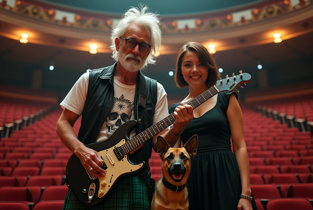 a realistic photo, hdr definition, uhd photo realistic, 12k, a man and a woman, the woman is short and brown, her hair is short in a bob, the man is of a certain age, his white hair is messy, he has black glasses , full body, she wears a light black dress, he wears a green kilt and a white t-shirt with a skull, he has a rock leather vest on top, he has an electric guitar in his hands, a malinois is finds between them, background a concert hall, the details of this photo make this scene a true masterpiece