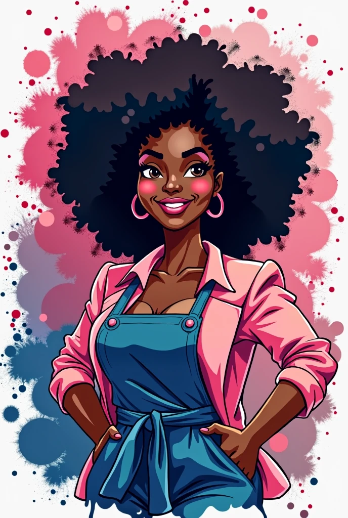 A logo of a fat black woman, glad, manicurist, with curly hair, background with pink and blue paint drips , Abstract style, chic
 