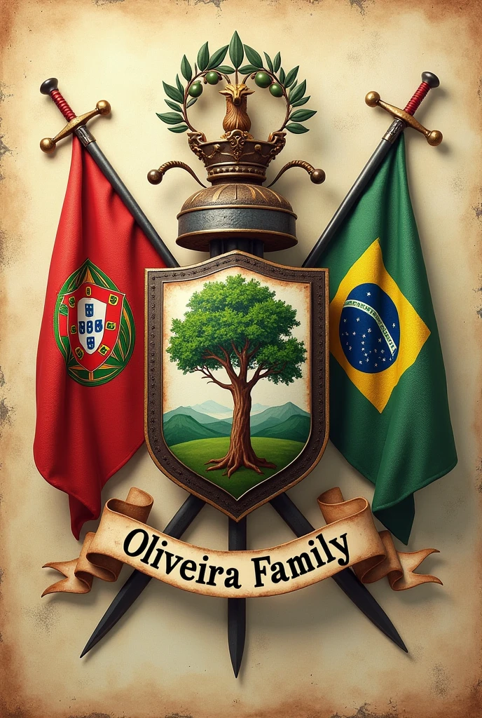 Coat of arms of the Oliveira Family, flags of Portugal and Brazil, olive tree, Elmo, swords, tails, Hyper-Realism, 3d, heraldic, vintage, metals, banner written with the words Oliveira Family, aged parchment paper background