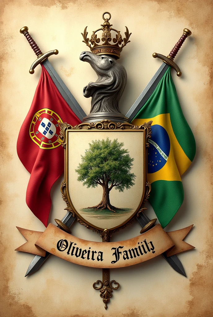 Coat of arms of the Oliveira Family, flags of Portugal and Brazil, olive tree, Elmo, swords, tails, Hyper-Realism, 3d, heraldic, vintage, metals, banner written with the words Oliveira Family, aged parchment paper background