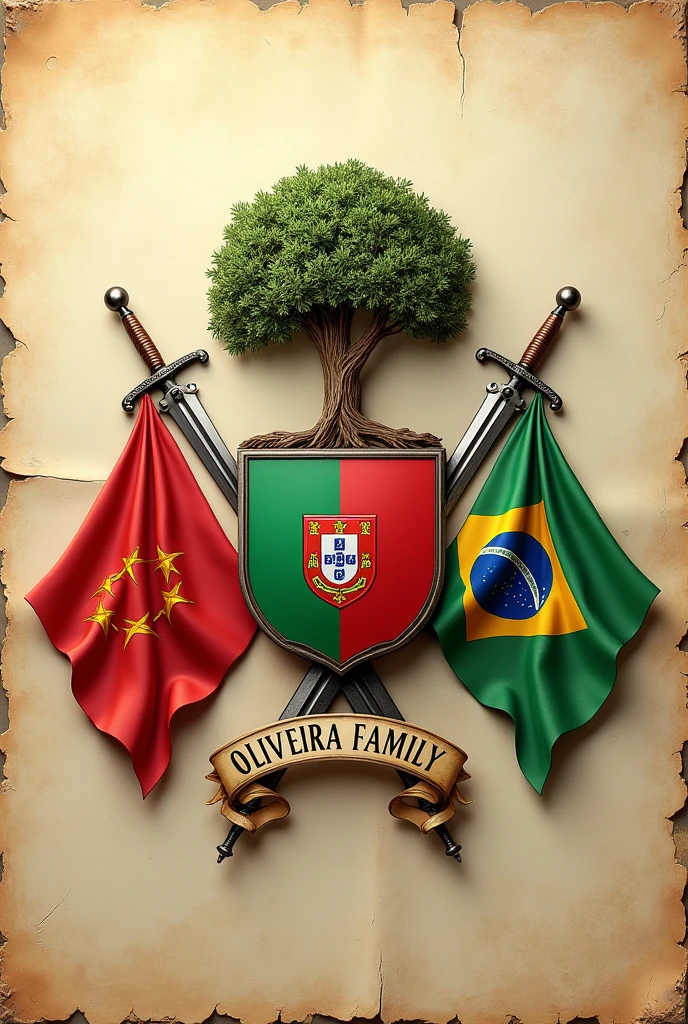 Coat of arms of the Oliveira Family, flags of Portugal and Brazil, olive tree, Elmo, swords, tails, Hyper-Realism, 3d, heraldic, vintage, metals, banner written with the words Oliveira Family, aged parchment paper background