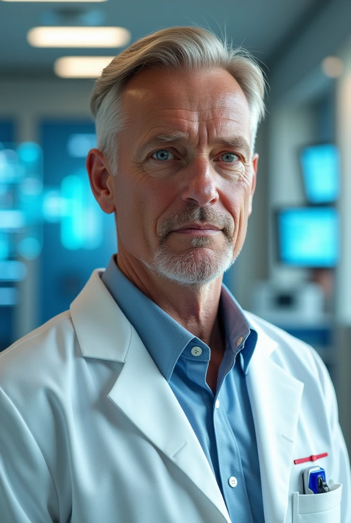 A 50-year-old male doctor with blue eyes and blond hair in the future