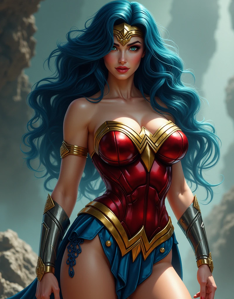 8K, ultra detailed body, ultra detailed face, super sexy, goddess of temptation and lust in a sexy wonder woman cosplay, cyan colored hair, voluptuous, sexy body, huge breasts, juicy lips, mesmerizing blue big yes, gigantic braests, perfect face shape, super detailed sexy body, very fair white sexy girl, ultra large gigantic boobs, very hot chic, fully sexy body image, the sexy super hot wonder woman is in action