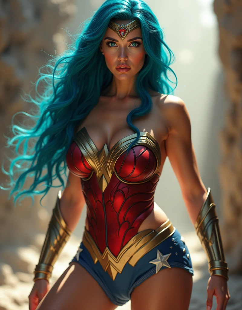 8K, ultra detailed body, ultra detailed face, super sexy, goddess of temptation and lust in a sexy wonder woman cosplay, cyan colored hair, voluptuous, sexy body, huge breasts, juicy lips, mesmerizing blue big yes, gigantic braests, perfect face shape, super detailed sexy body, very fair white sexy girl, ultra large gigantic boobs, very hot chic, fully sexy body image, the sexy super hot wonder woman is in action