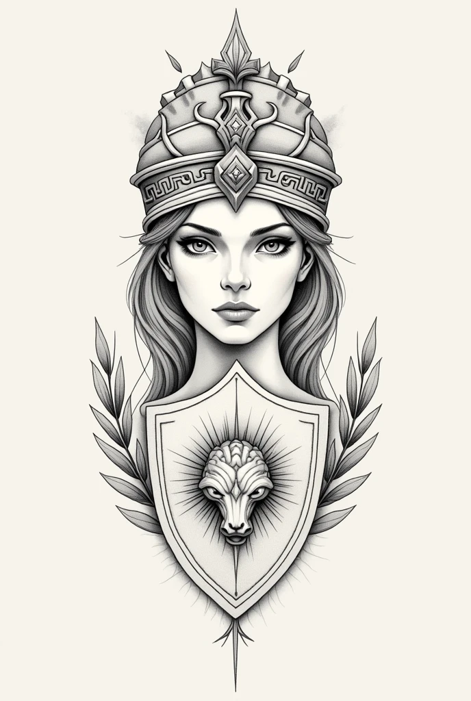 Tattoo Description
**1. Face and Expression:

fine and delicate strokes: Athena&#39;s face can be sketched with fine, detailed strokes, capturing his serene and wise expression. Keep your face contour sleek and smooth.
eyeballs: The eyes should be deep and expressive, perhaps with a slight glow to highlight Athena&#39;s wisdom and intensity.
**2. Elmo:

minimalist design: Athena&#39;s helmet can be represented with thin lines, with subtle details, like small feathers or ornaments, but keeping it simple so as not to overload the design.
geometric forms: Include geometric shapes or delicate patterns on the helmet to add a touch of sophistication..
**3. shield:

Shape and Details: The shield can be drawn with thin lines, perhaps with a simple pattern or a centered symbol, like the head of Medusa. Keep the shield stylish and elegant.
light texture: Use thin lines to suggest texture or detail on the shield without overdoing it..

**4. Additional Elements:

Olive or Branches: How Athena is associated with the olive tree, you can include an olive branch or thin leaves around or behind the figure, adding a meaningful detail without overwhelming the design.

Start with a light sketch, focusing on the main features of the face and helmet. after, add the details of the shield and hair.
Use thin lines to define contours and patterns, and adjust the details as needed to achieve a harmonious and elegant design.