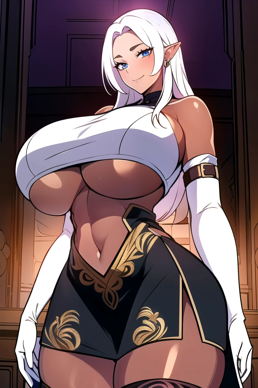 ultra realistic 8k cg, masterpiece, (( intricate detail, highly detailed, fine details best quality, hyperdetailed face)), gigantic breasts ,beautiful lighting, absurdres, BoaHancockV2,  1girl, solo, (white hair : 1.4), long hair, jewelry, closed mouth, ), (chinese dress, (underboob : 1.4), elbow gloves, thigh boots, split skirt, bare shoulders, curvy, midriff, curvy, thighs, shiny clothes), blue eyes, (complex detailed background, indoor, luxury palace), ((cowboy shot)), curvy, (gigantic breasts: 1.1), seductive smile, cowboy shot,, (( tan skin: 1.1)), (( tan face: 1.1)), elf ears