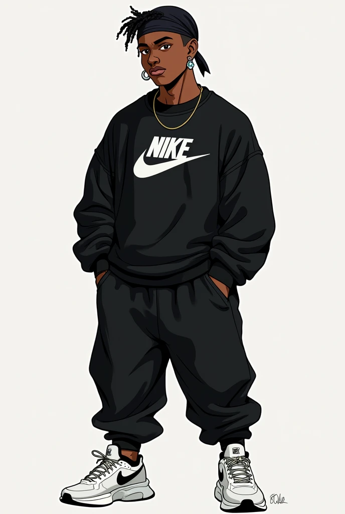 a black man with short hair shaved on the sides, wearing a black durag, diamond earring in the ears, with black shirt, brown eye color. anime styling. very dark espresso skin color. wide nose, large lips, fully body, black nike sweatshirt, white nike sneakers