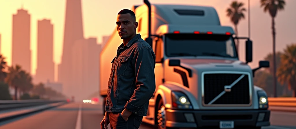 a detailed realistic CGI render of a GTA San Andreas style banner, a Los Angeles cityscape in the background, a new semi truck Volvo with a driver standing in front of it, the driver and the truck are on the right side of the frame, the left side is blurred in the background, highly detailed, photorealistic, 8K, cinematic dramatic lighting, vibrant colors, gritty urban setting