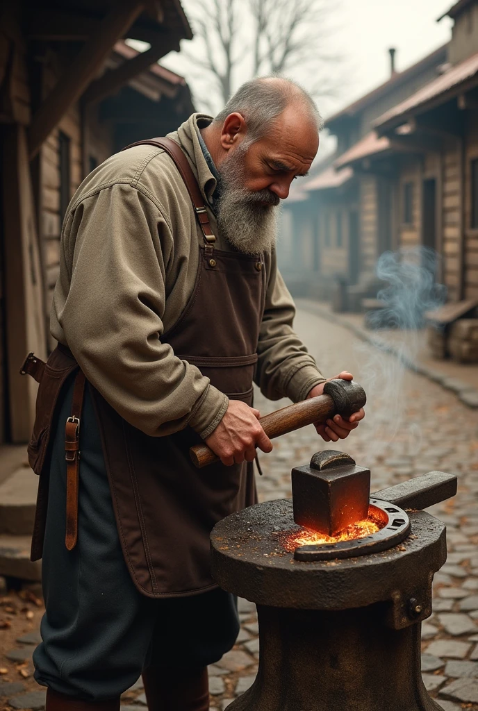 Russian blacksmith forges horseshoes in the village photo 19th century