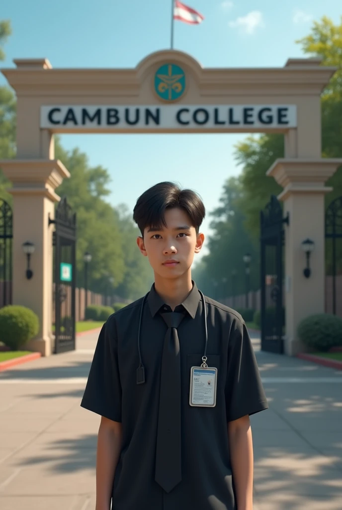I am a boys student of cambrian school and College. I see my College gate.College name shown the college gate. College name cambrian College. I wear black shirt with ty and id card